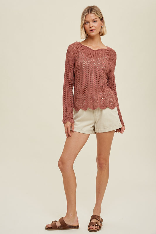 Crochet Sweater with Scallop Hem in Burl Wood