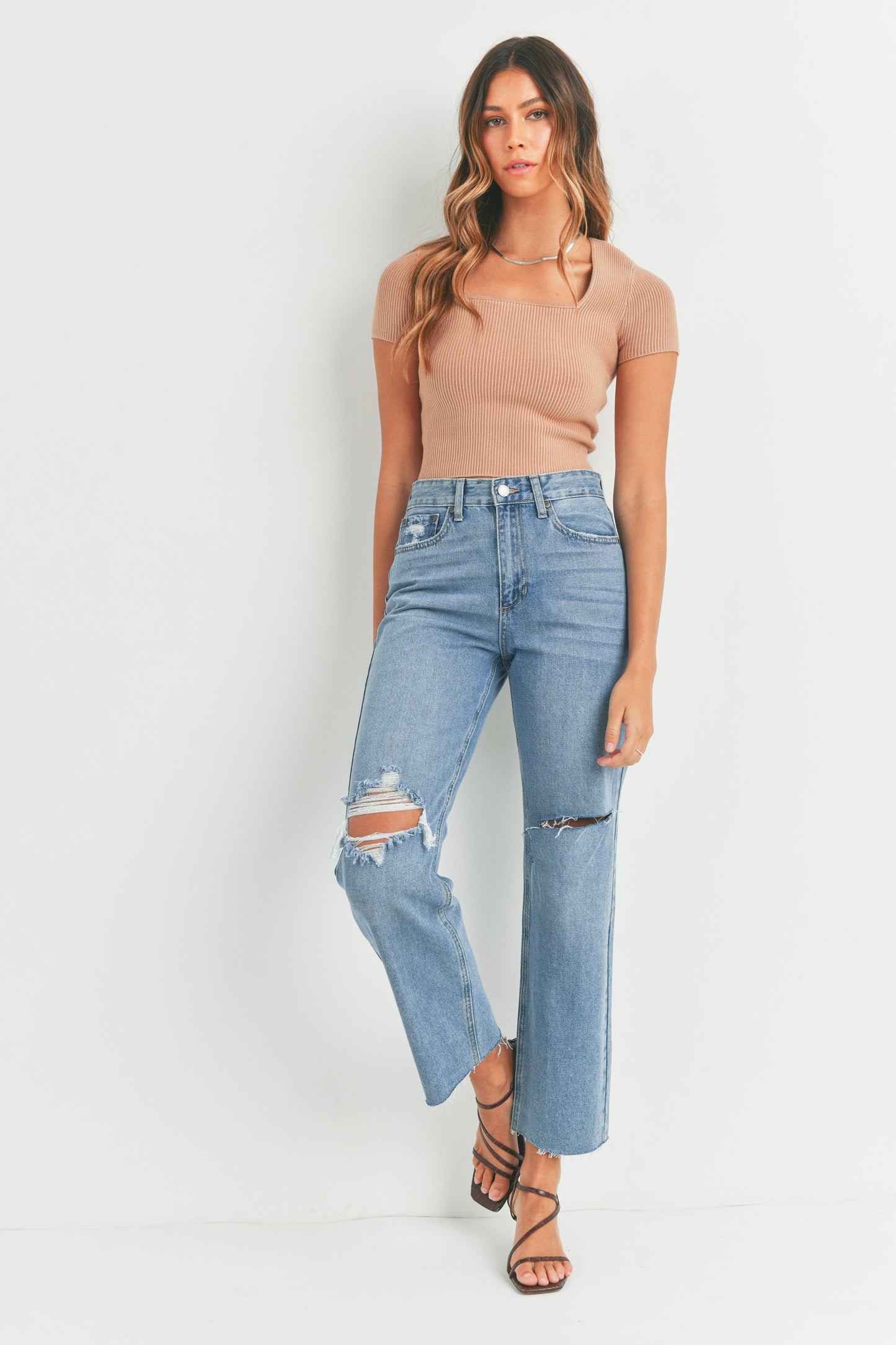 Knee Cut Out Straight Leg Jeans