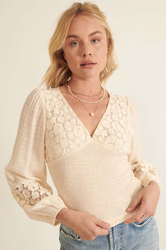 Floral Ivory Lace & Smocked Top