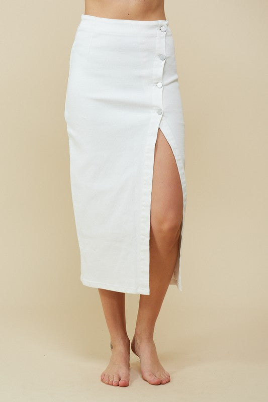 Cotton Ivory Denim Midi Skirt